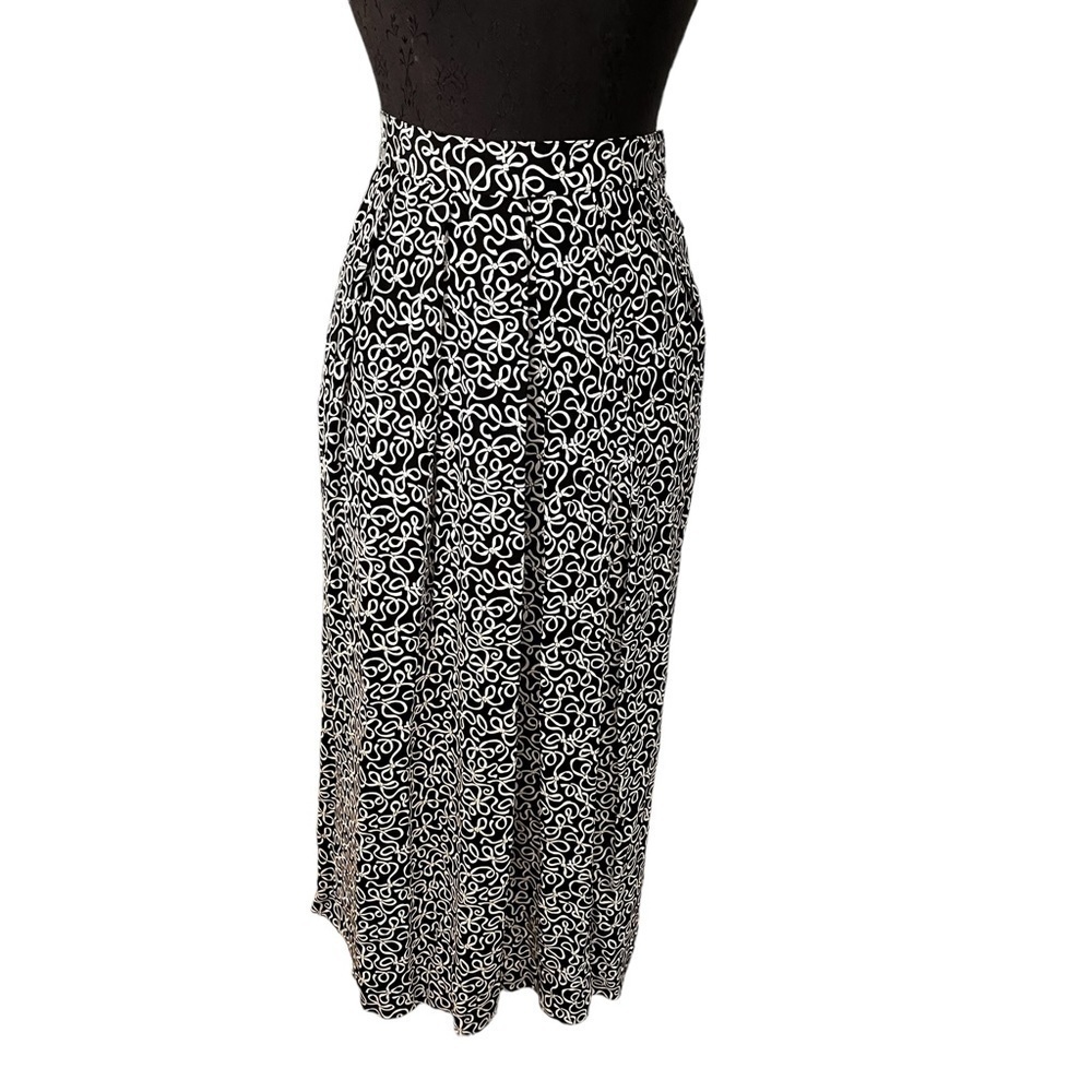 Vintage Talbots Bow Ribbon Print Rayon Midi Skirt Black White M